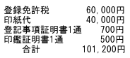 合同会社設立費用－登録免許税60,000円、印紙代40,000円、登記事項証明書1通700円、印鑑証明書1通500円、合計101,200円