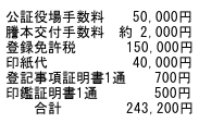 株式会社設立費用－公証役場手数料50,000円、謄本交付手数料約 2,000円、登録免許税150,000円、印紙代40,000円、登記事項証明書1通700円、印鑑証明書1通500円、合計243,200円